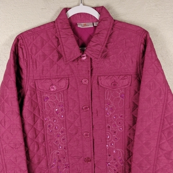 Quacker Factory Pink Quilted Embellished  Long Sleeve Button Front Jacket - Picture 2 of 11